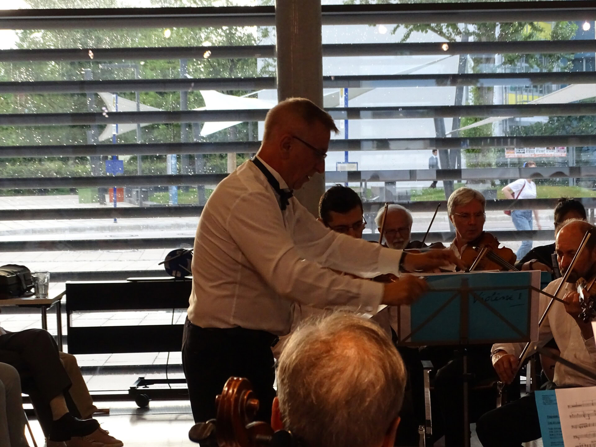 Dirigent leitet Orchestermusiker beim Spielen.
