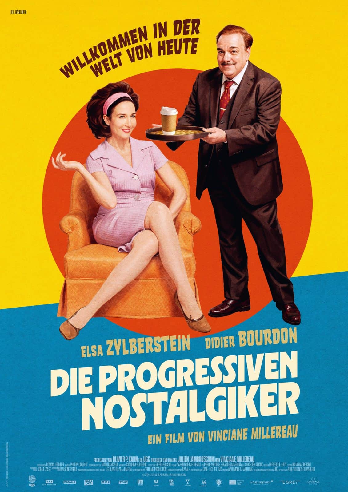 Retro-Filmposter mit Frau im Sessel und Kellner
