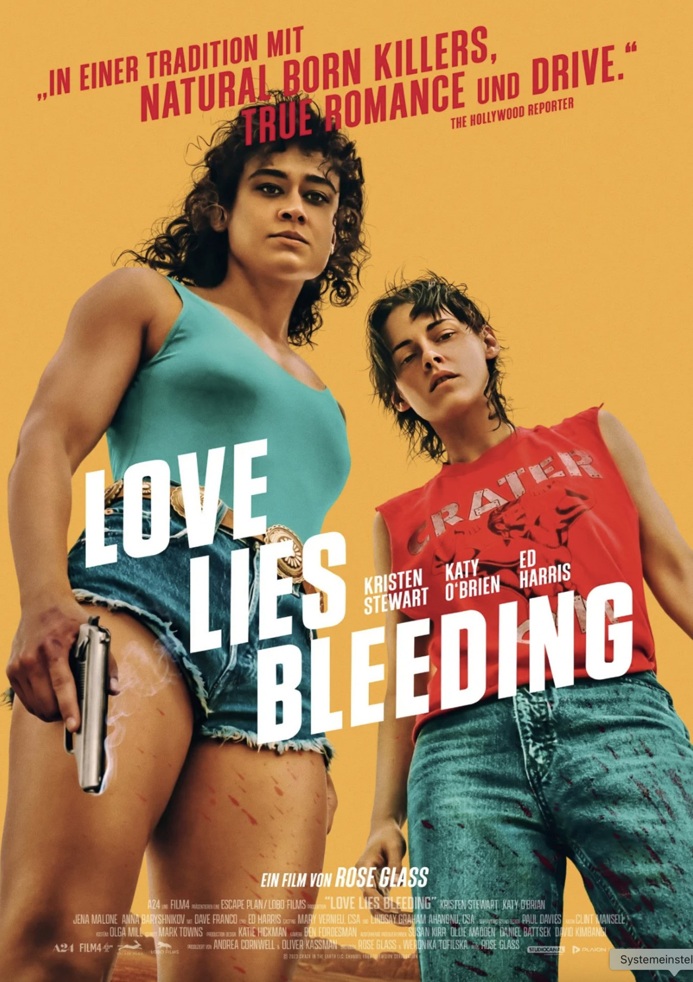 Filmplakat: Love Lies Bleeding, zwei Personen, gelber Hintergrund.