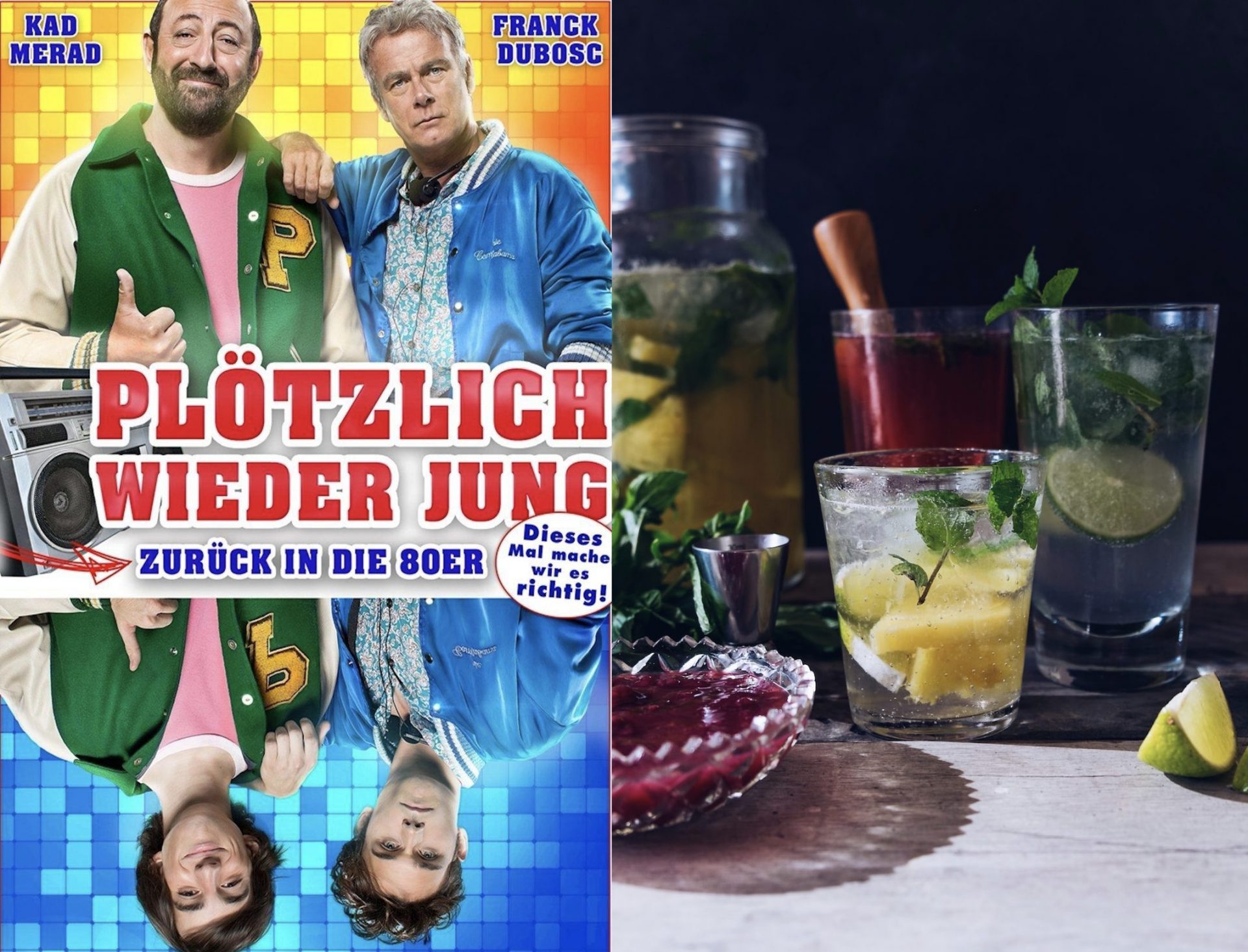 Filmplakat und Getränke auf einem Tisch
