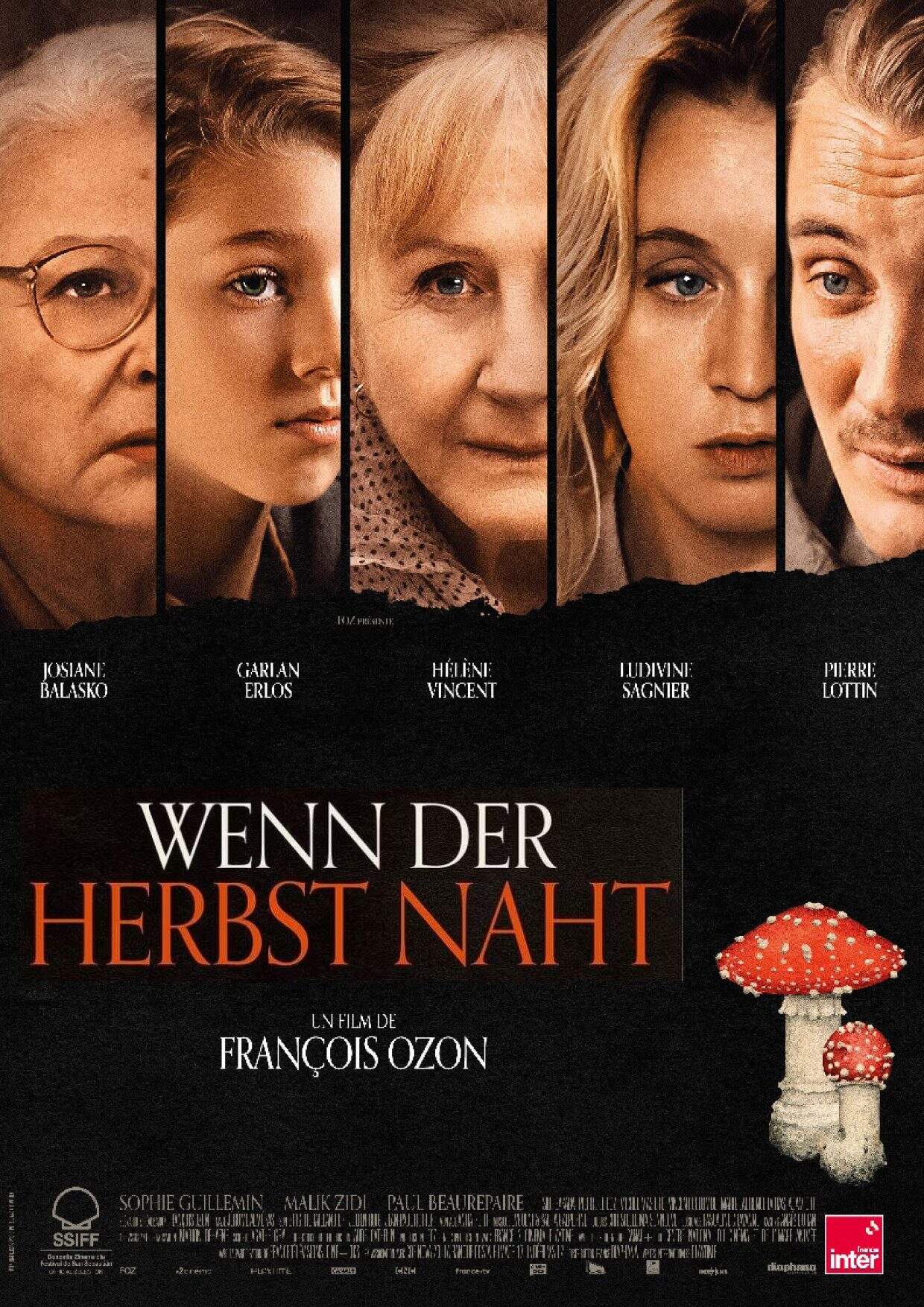 Filmplakat mit fünf Gesichtern und Pilzen.