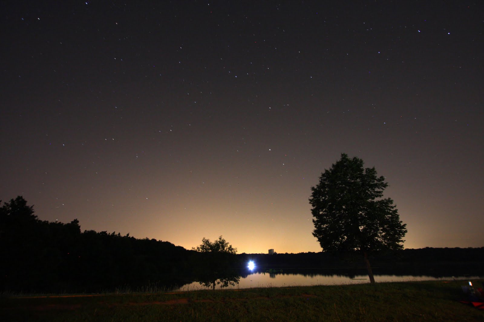 Nachthimmel mit Sternen und einsamer Baum am Fluss