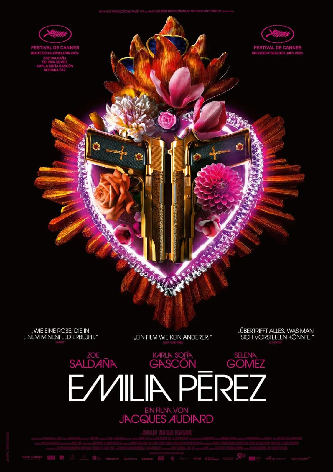 Filmplakat von Emilia Pérez mit Blumen und Pistolen