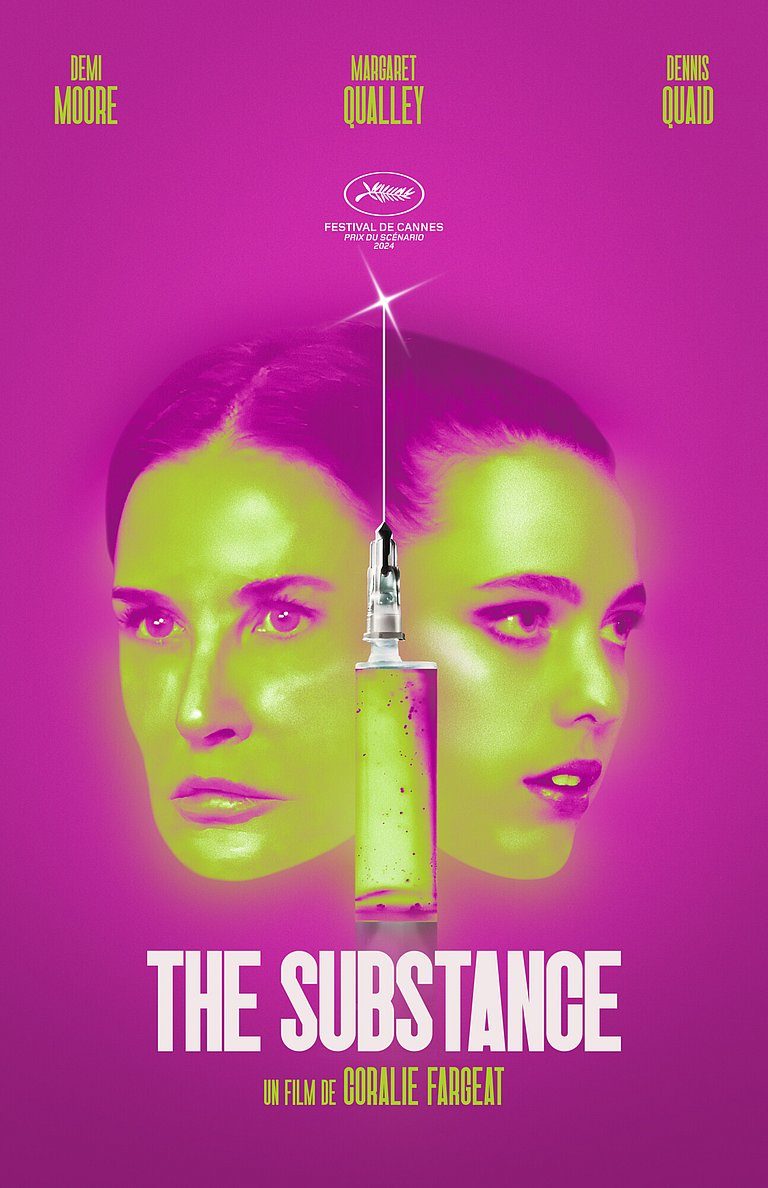 Filmplakat: The Substance mit Gesichtern und Spritze