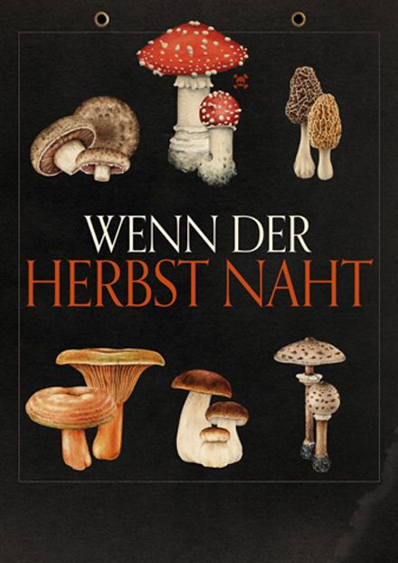 Herbstpilze Illustration mit Text 'Wenn der Herbst naht'.